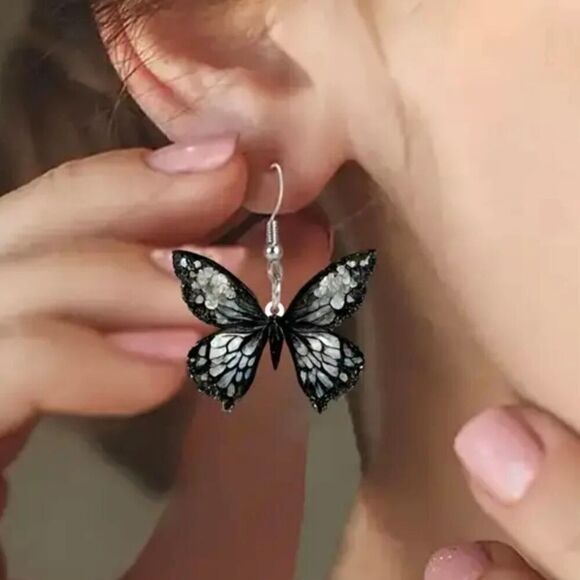 New - Lightweight Grey Dangling Butterfly Earrings - Picture 3 of 4